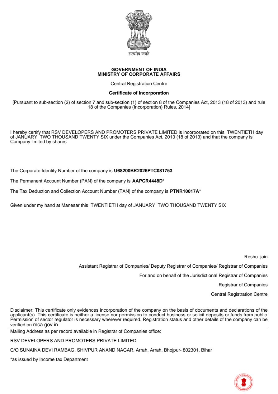 Certificate of Incorporation - RSV Developers and Promoters
