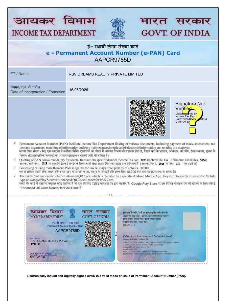 Company PAN Card - RSV Dreams Realty