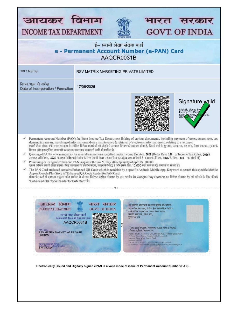 Company PAN Card - RSV Matrix Marketing